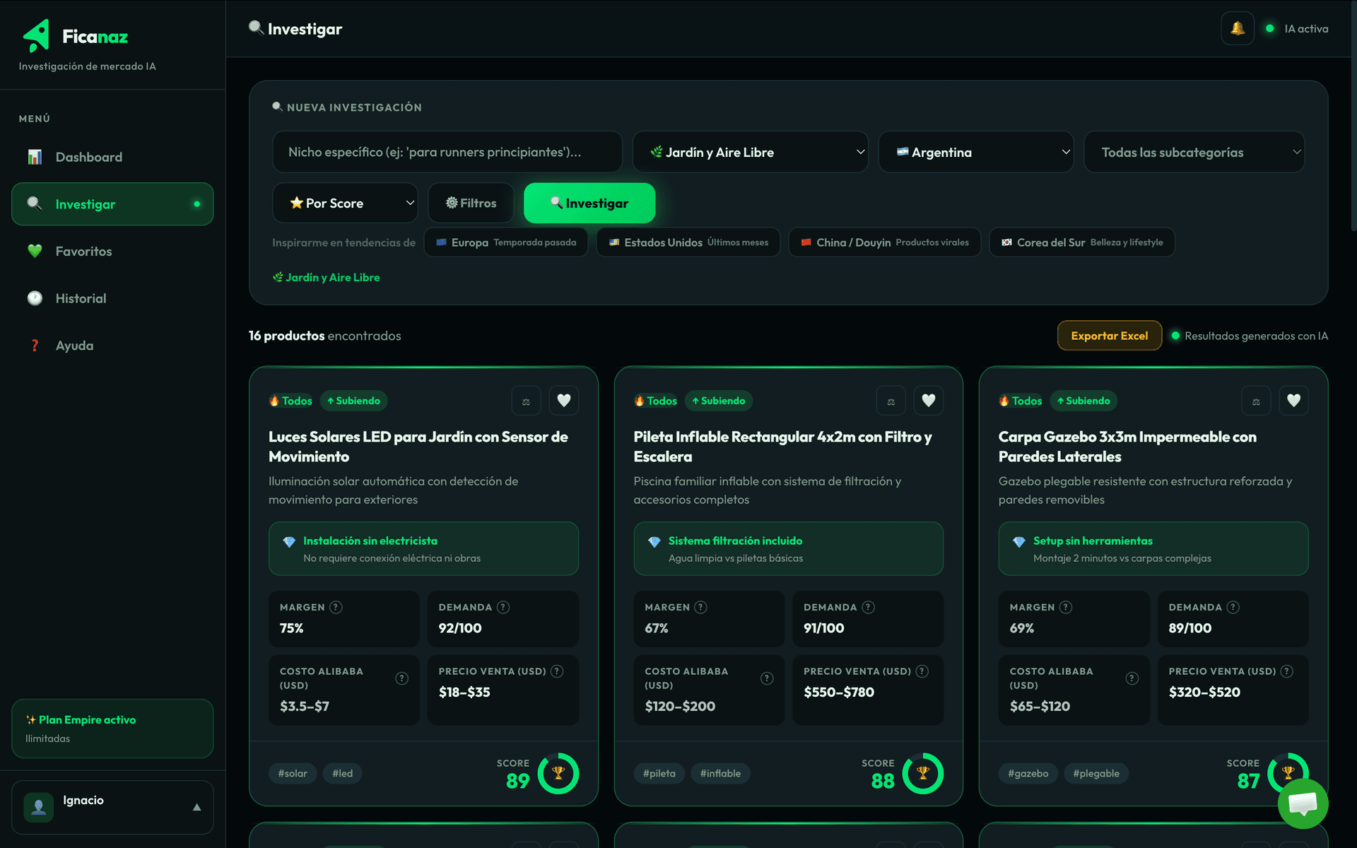 Pantalla de búsqueda de Ficanaz con resultados de productos
